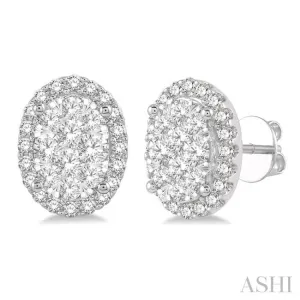 1 ctw Oval Shape Lovebright Round Cut Diamond Stud Earrings in 14K White Gold