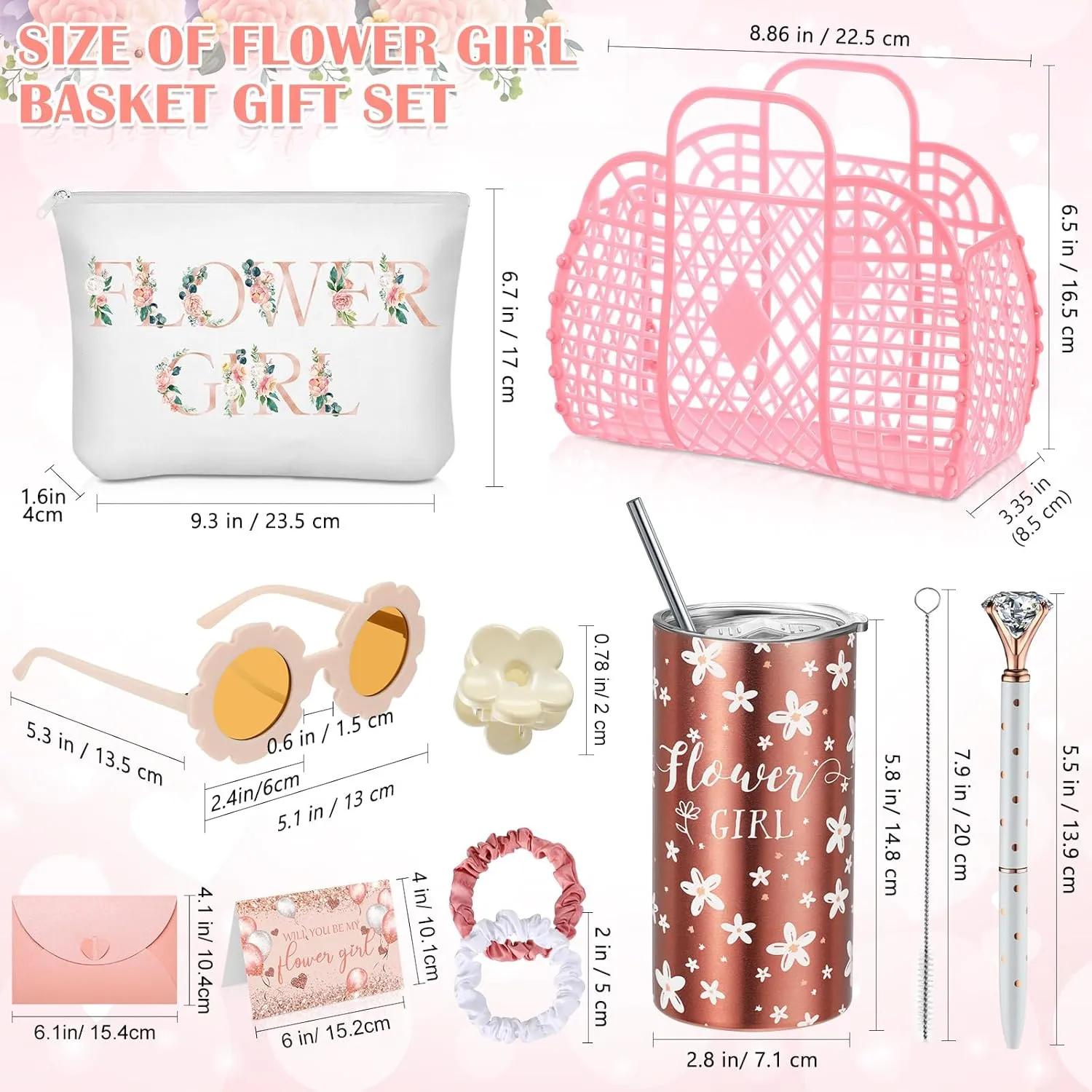 10 Pcs Flower Girl Jelly Basket Set Flower Girl Tumbler Sunglasses Makeup Bag Hair Scrunchies Clip Proposal Card with Pen Envelope Plastic Handbag for Wedding Bridal Shower(Pink)