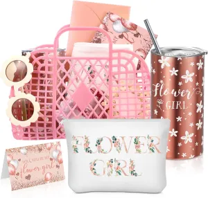 10 Pcs Flower Girl Jelly Basket Set Flower Girl Tumbler Sunglasses Makeup Bag Hair Scrunchies Clip Proposal Card with Pen Envelope Plastic Handbag for Wedding Bridal Shower(Pink)