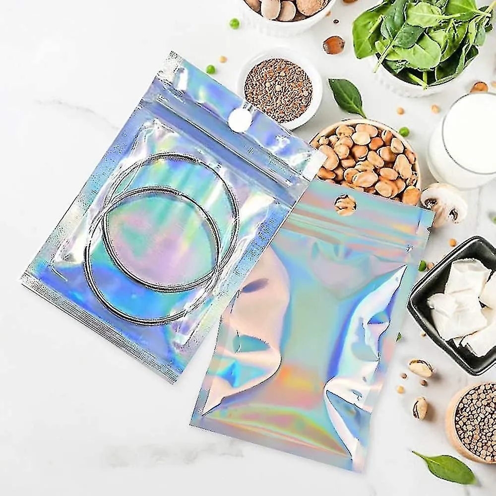 100 Pcs Holographic Packaging Bags Small Goodie Bags Mylar Bags Zip Lock Smell