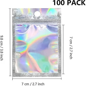 100 Pcs Holographic Packaging Bags Small Goodie Bags Mylar Bags Zip Lock Smell