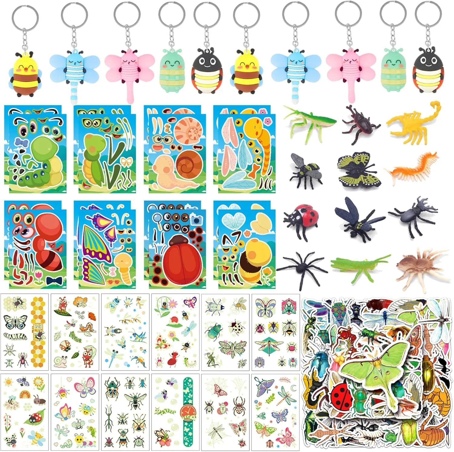 100 Pcs Insects Party Favors for Girls Boys Bugs Birthday Party Supplies with Plastic Insects Bugs Toys, Keychains, Puzzle DIY Stickers, Tattoos Stickers and Stickers for Kids Decoration Gifts