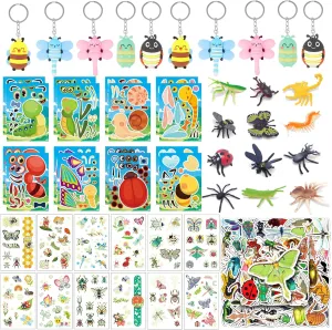 100 Pcs Insects Party Favors for Girls Boys Bugs Birthday Party Supplies with Plastic Insects Bugs Toys, Keychains, Puzzle DIY Stickers, Tattoos Stickers and Stickers for Kids Decoration Gifts