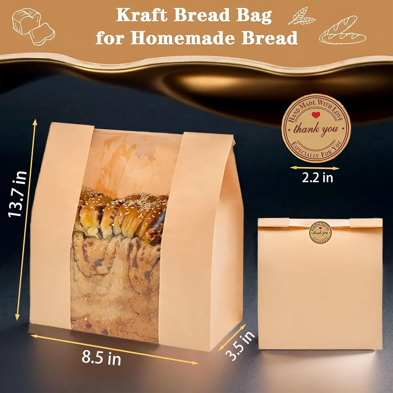 100 Sourdough Bread Bags with Window, Kraft Paper Bags for Homemade Bread, Bakery Bag for Storage Packaging - Large Sourdough Bag (13.7 * 8.2 * 3.5 in) - Thank You Bonus Label Stickers