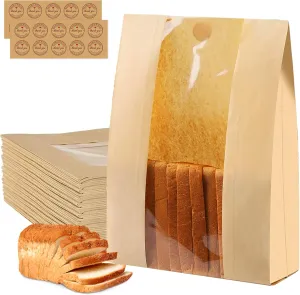 100 Sourdough Bread Bags with Window, Kraft Paper Bags for Homemade Bread, Bakery Bag for Storage Packaging - Large Sourdough Bag (13.7 * 8.2 * 3.5 in) - Thank You Bonus Label Stickers