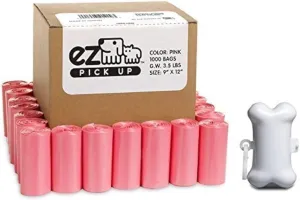 1000 Pet Waste Disposal Poop Bags with Dispenser, EZ Pick Up Bag, Pink Color 9"x12" Size Large, Puppy Training