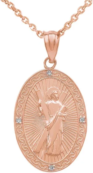 10k Rose Gold St. Andrew the Apostle Diamond Oval Medal Charm Necklace (Medium)