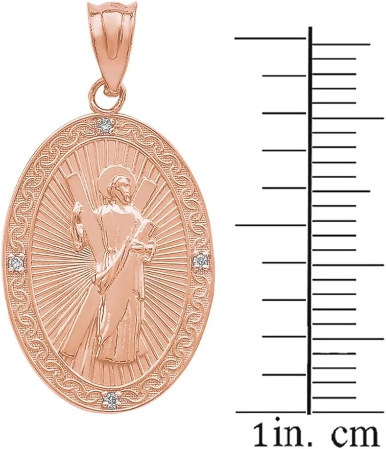 10k Rose Gold St. Andrew the Apostle Diamond Oval Medal Charm Necklace (Medium)