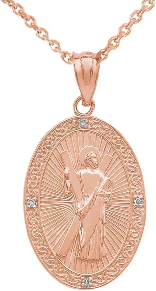 10k Rose Gold St. Andrew the Apostle Diamond Oval Medal Charm Necklace (Medium)