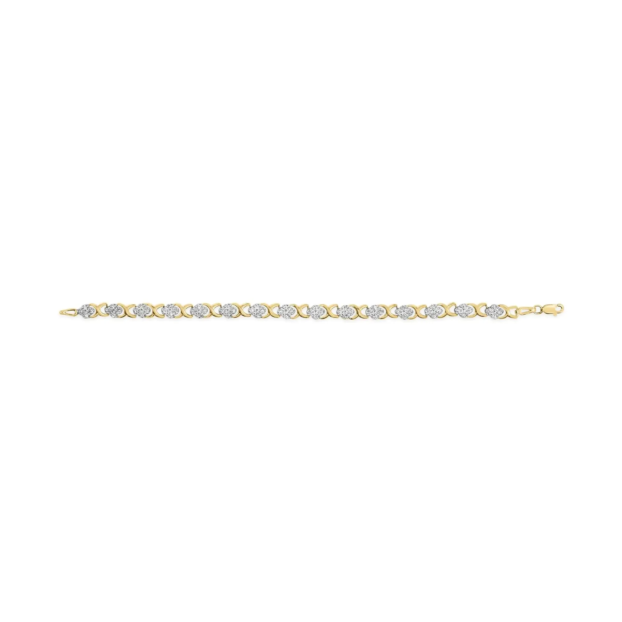 10K Yellow Gold 1.00 Cttw Diamond 5 Stone Floral Cluster and "X" Link 7" Bracelet (I-J Color, I3 Clarity)