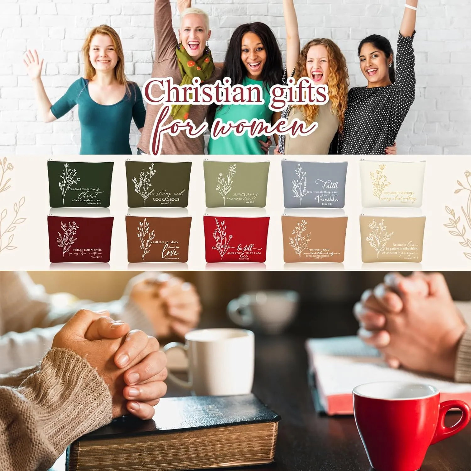 10Pcs Christian Gifts for Women Religious Cosmetic Bags Inspirational Bible Verse Pencil Pouch Canvas Makeup Bags Bulk with Zipper for Mother Sister Church Favors