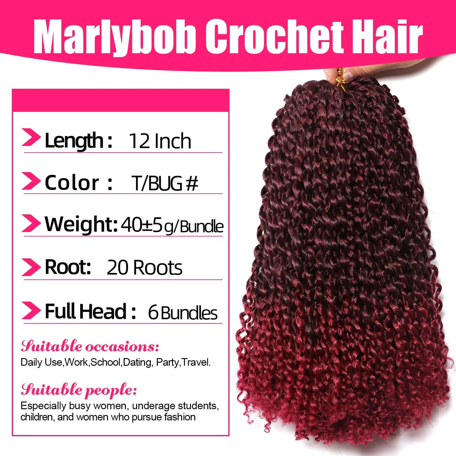 12 Inch Short Passion Twist Hair 6 Bundles Marlybob Kinky Curly Crochet Hair for Black Women Jerry Curly Braiding Hair (6 Bundles 12 Inch, 1B/Burgundy)