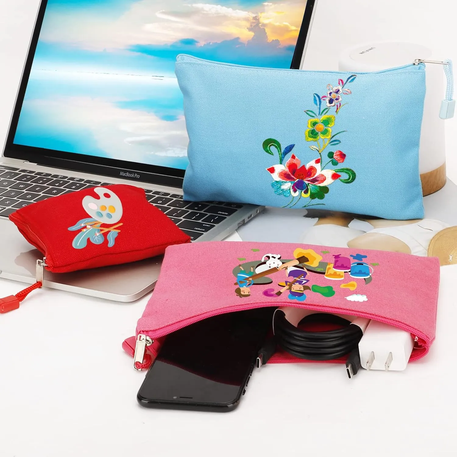 12 Pack DIY Craft Cotton Canvas Bag, Multi-Purpose Cosmetic Bag Makeup Pouches with Zipper Travel Toiletry Bag (XS, Orange)