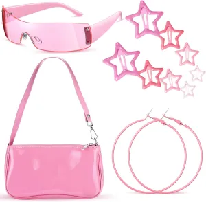 12 Pcs Y2k Accessories Set Pink Patent Leather Shoulder Bag 2000s Sunglasses Big Round Circle Earrings Star Clips for Women Gifts