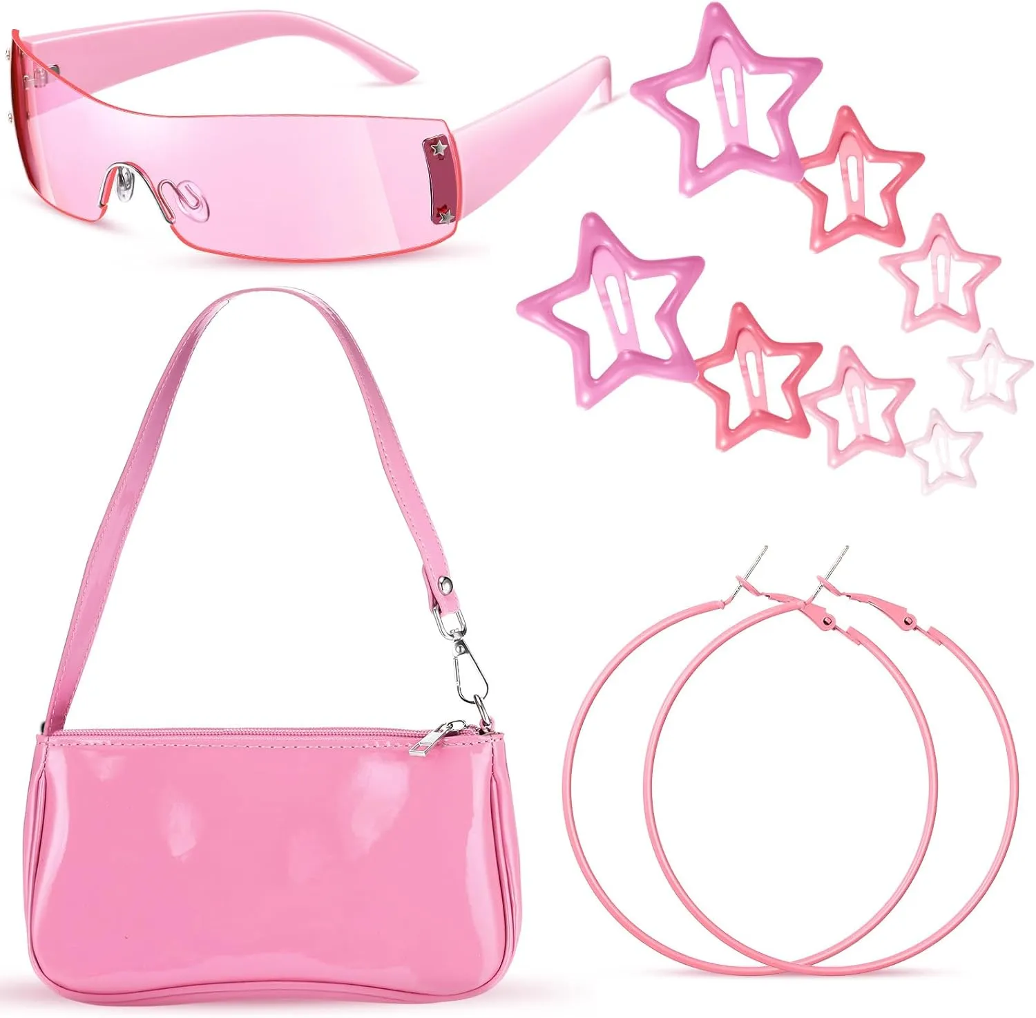 12 Pcs Y2k Accessories Set Pink Patent Leather Shoulder Bag 2000s Sunglasses Big Round Circle Earrings Star Clips for Women Gifts