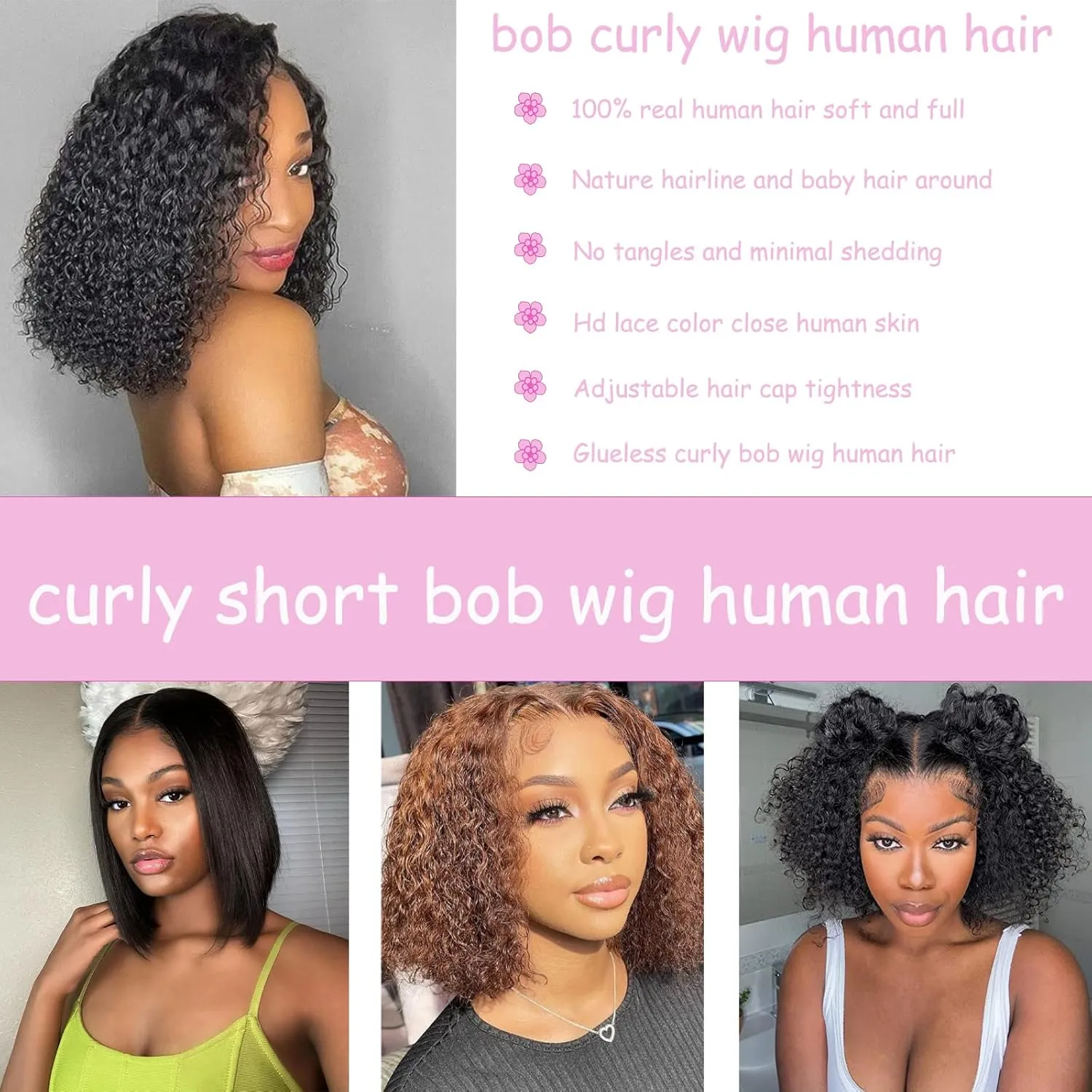 13x4 Curly Bob Wigs Human Hair For Black Women Jerry Curly Lace Front Wigs Human Hair Glueless Deep Wave Lace Front Pre Plucked 150% Density Wet and Wavy Human Hair (16 Inch)