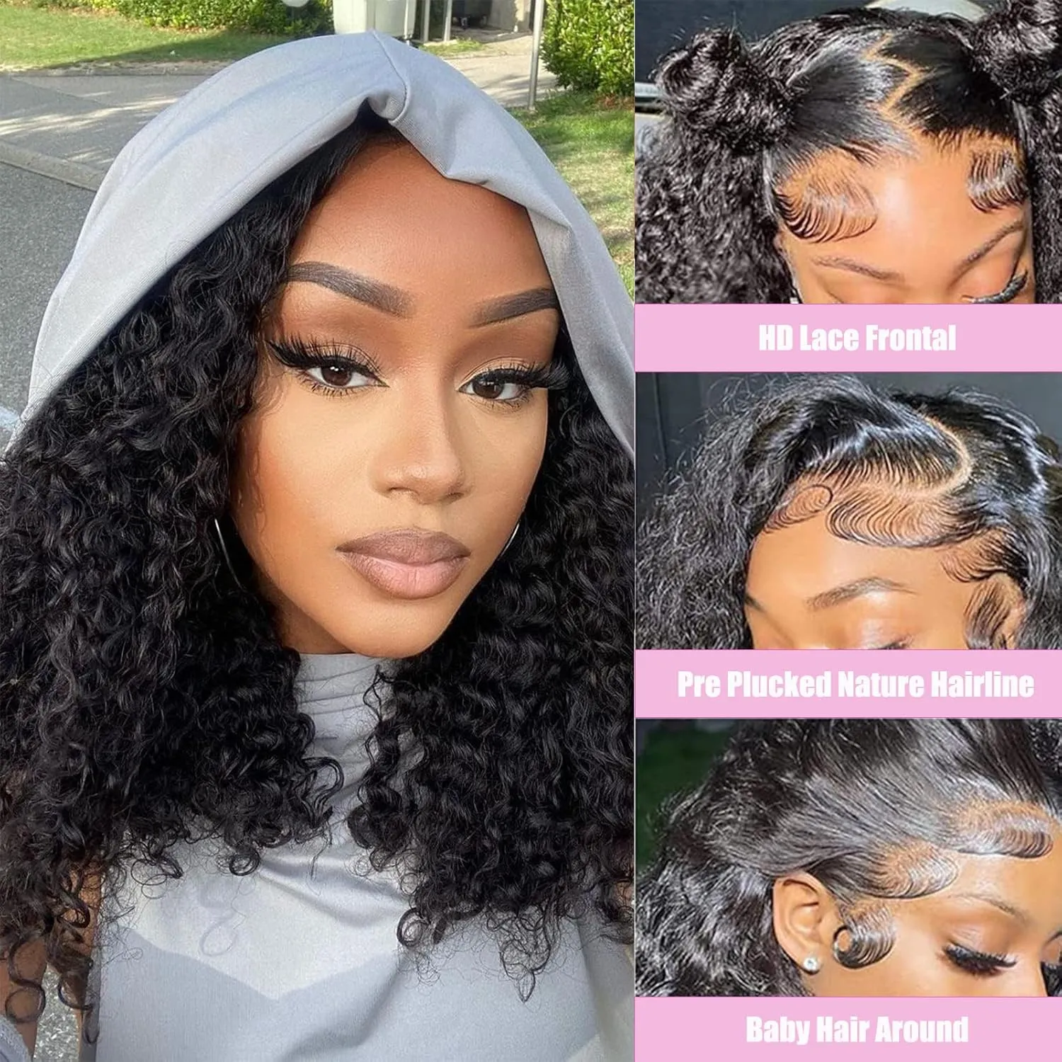 13x4 Curly Bob Wigs Human Hair For Black Women Jerry Curly Lace Front Wigs Human Hair Glueless Deep Wave Lace Front Pre Plucked 150% Density Wet and Wavy Human Hair (16 Inch)