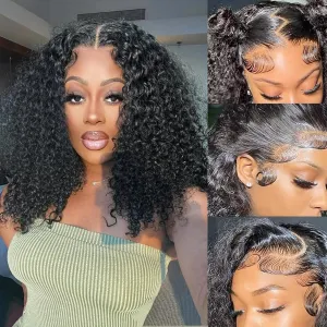 13x4 Curly Bob Wigs Human Hair For Black Women Jerry Curly Lace Front Wigs Human Hair Glueless Deep Wave Lace Front Pre Plucked 150% Density Wet and Wavy Human Hair (16 Inch)