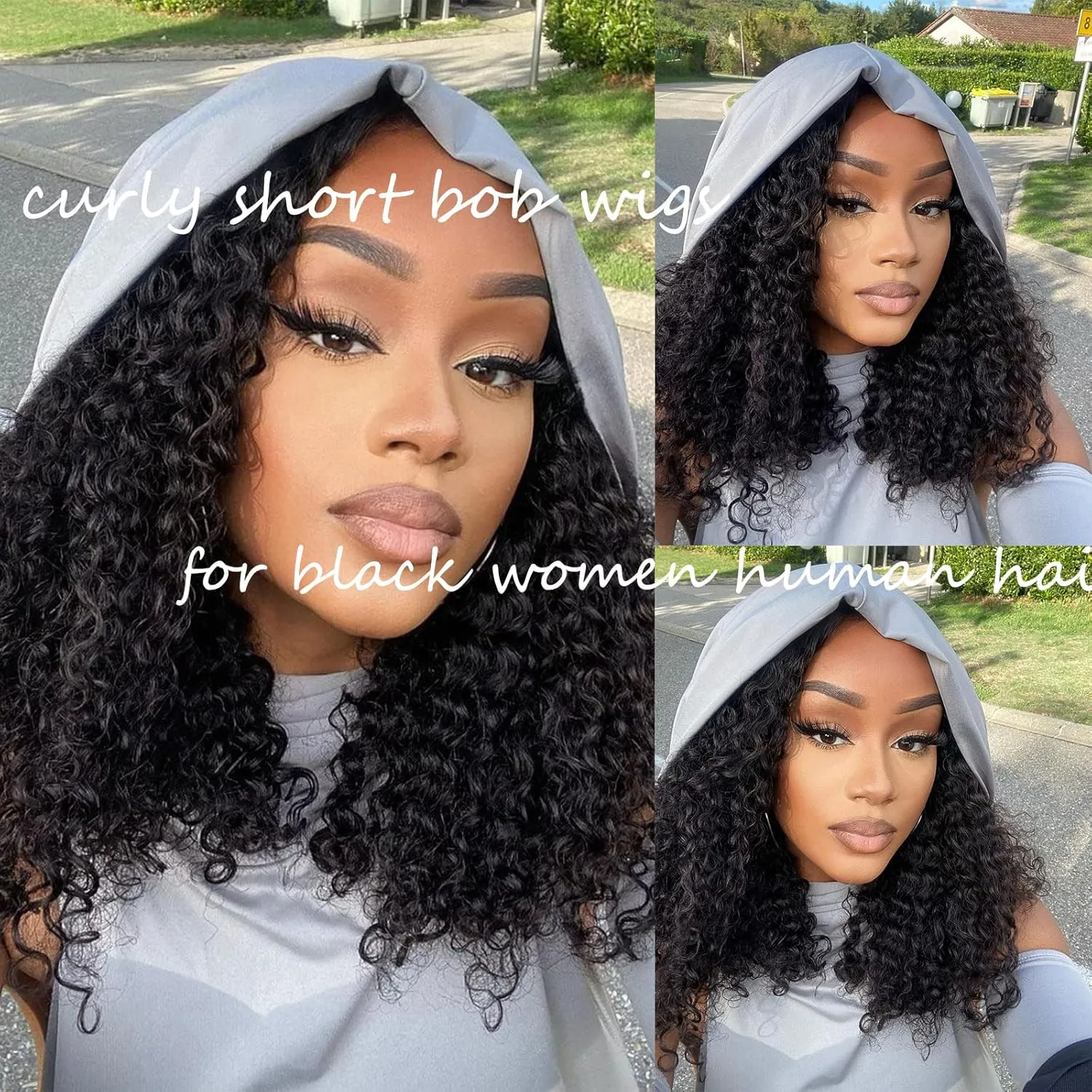 13x4 Curly Bob Wigs Human Hair For Black Women Jerry Curly Lace Front Wigs Human Hair Glueless Deep Wave Lace Front Pre Plucked 150% Density Wet and Wavy Human Hair (16 Inch)