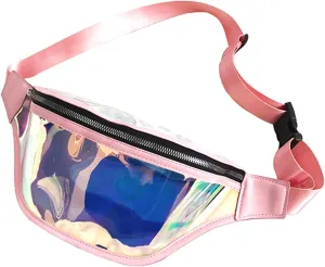 14“ Neon Pink Rave Fanny Pack, Iridescent Clear Waist Bag with 45”Adjustable Belt, TPU Plain Bag with Zipper for Women, Holographic Belt Bag Stadium Approved Pack Bag for Phone Key Airpod Halyuhn