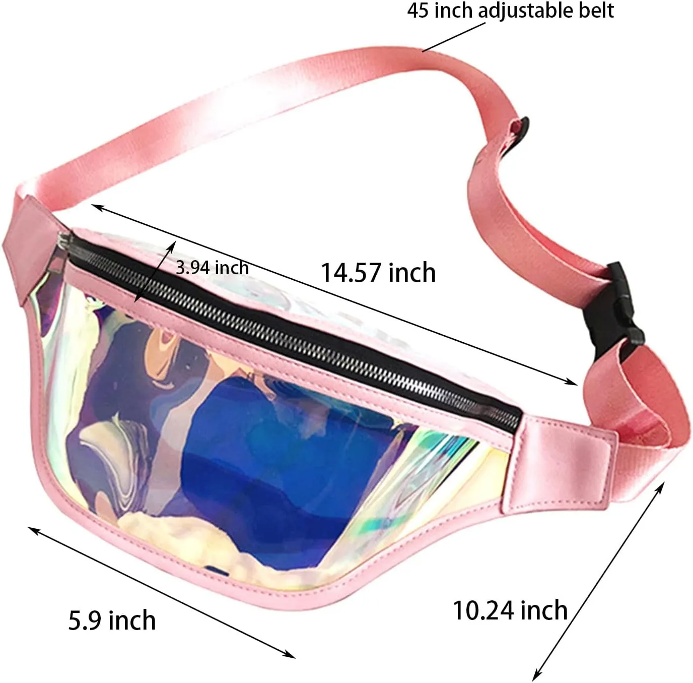 14“ Neon Pink Rave Fanny Pack, Iridescent Clear Waist Bag with 45”Adjustable Belt, TPU Plain Bag with Zipper for Women, Holographic Belt Bag Stadium Approved Pack Bag for Phone Key Airpod Halyuhn