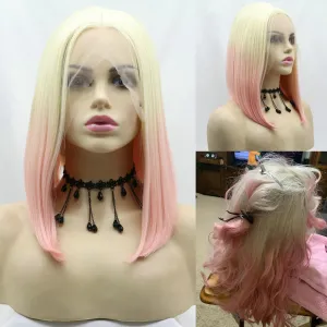 14" Ombre 613 Blonde Pink Short Bob Synthetic Lace Front Wigs for Women Girls Short Synthetic Heat Safe Fiber Blonde Pink Bob Wig Daily Wear Cosplay Wig Shoulder Length