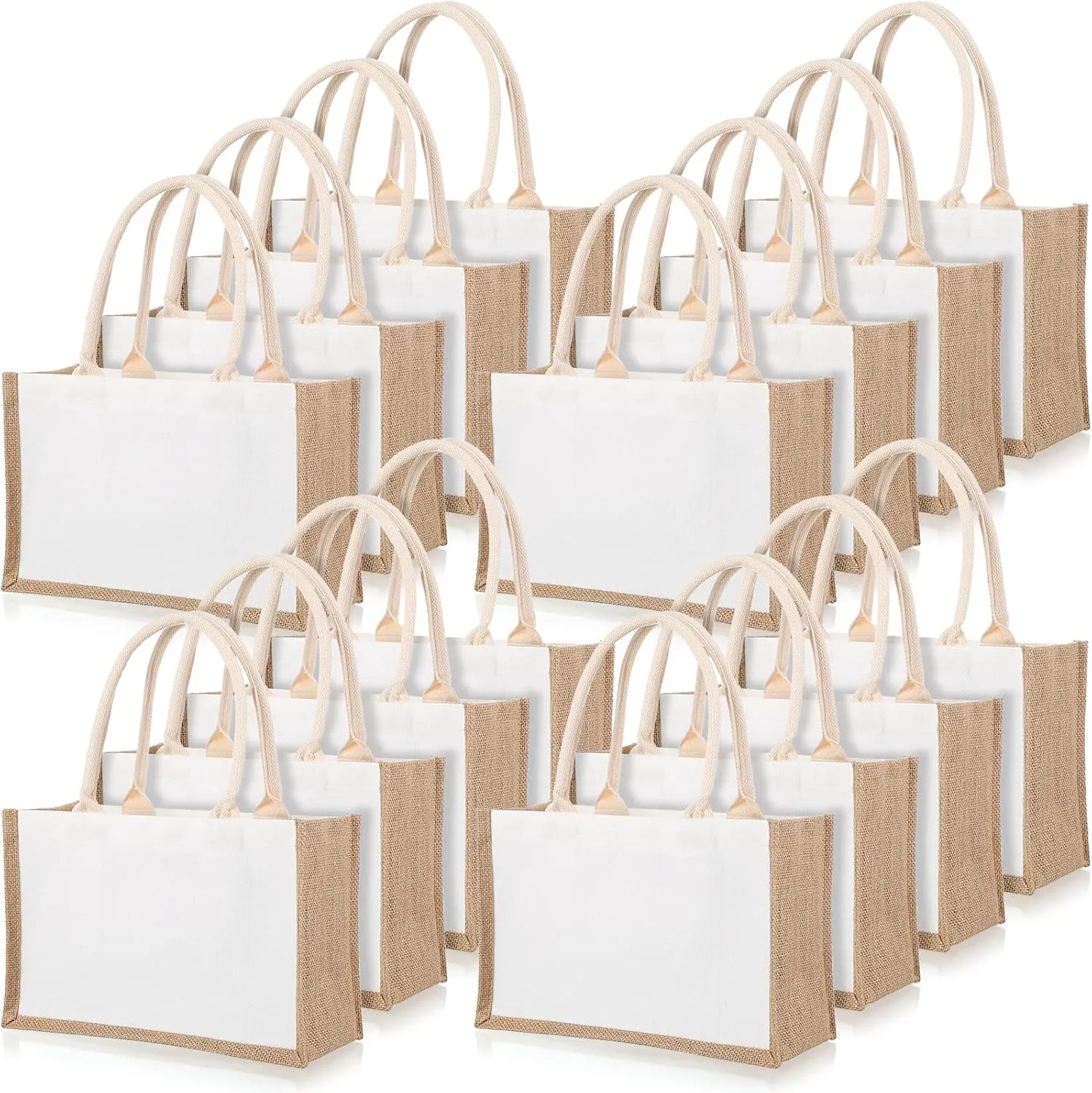 16 Pack Burlap Tote Bags Jute Tote Bags with Handles Reusable Blank Canvas Grocery Bag for Women Bridesmaid Wedding Gift DIY Beach Shopping, 12.6 x 8.3 x 5.1 Inch