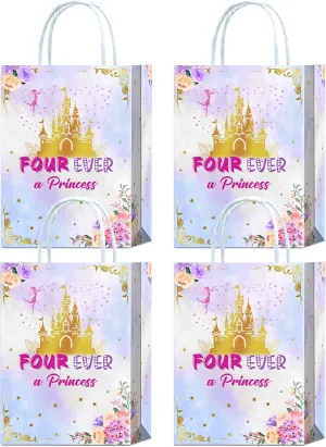 16 Pieces Four Ever a Princess 4th Birthday Gift Bags,Princess Birthday Party Supplies,Castle Goody Snacks Treat Candy Favors Bags for Girls 4th Birthday Party Decorations