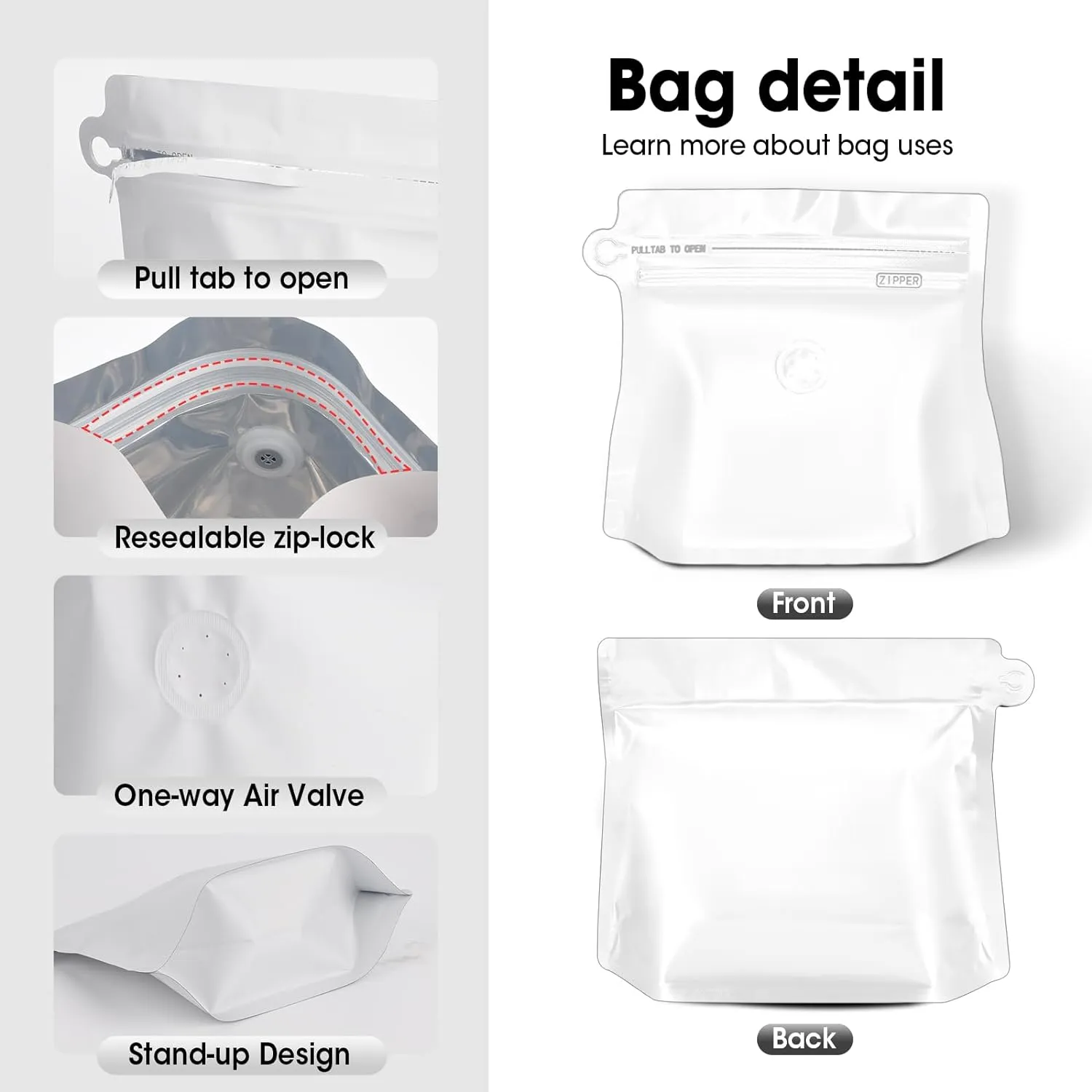 16oz 1lb 60pcs Coffee Bags With Valve, Vented Barrier Storage Pouches, Stand-up Packaging for Food, Diamond Shaped, Requires Heat Sealing Machine (White)