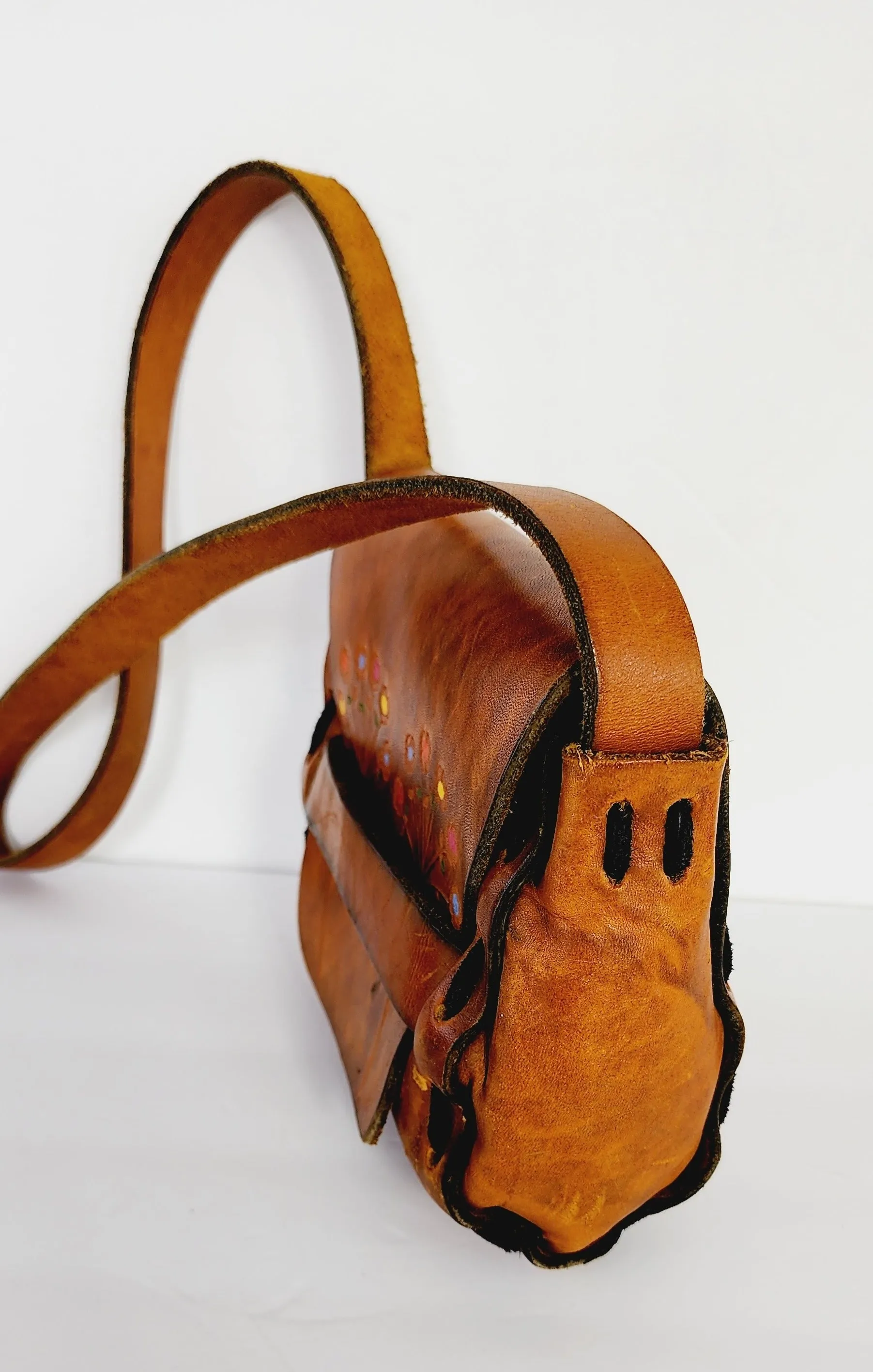 1970s Brown Hippie Shoulder Bag in Distressed Tooled Leather w/Colorful Flowers