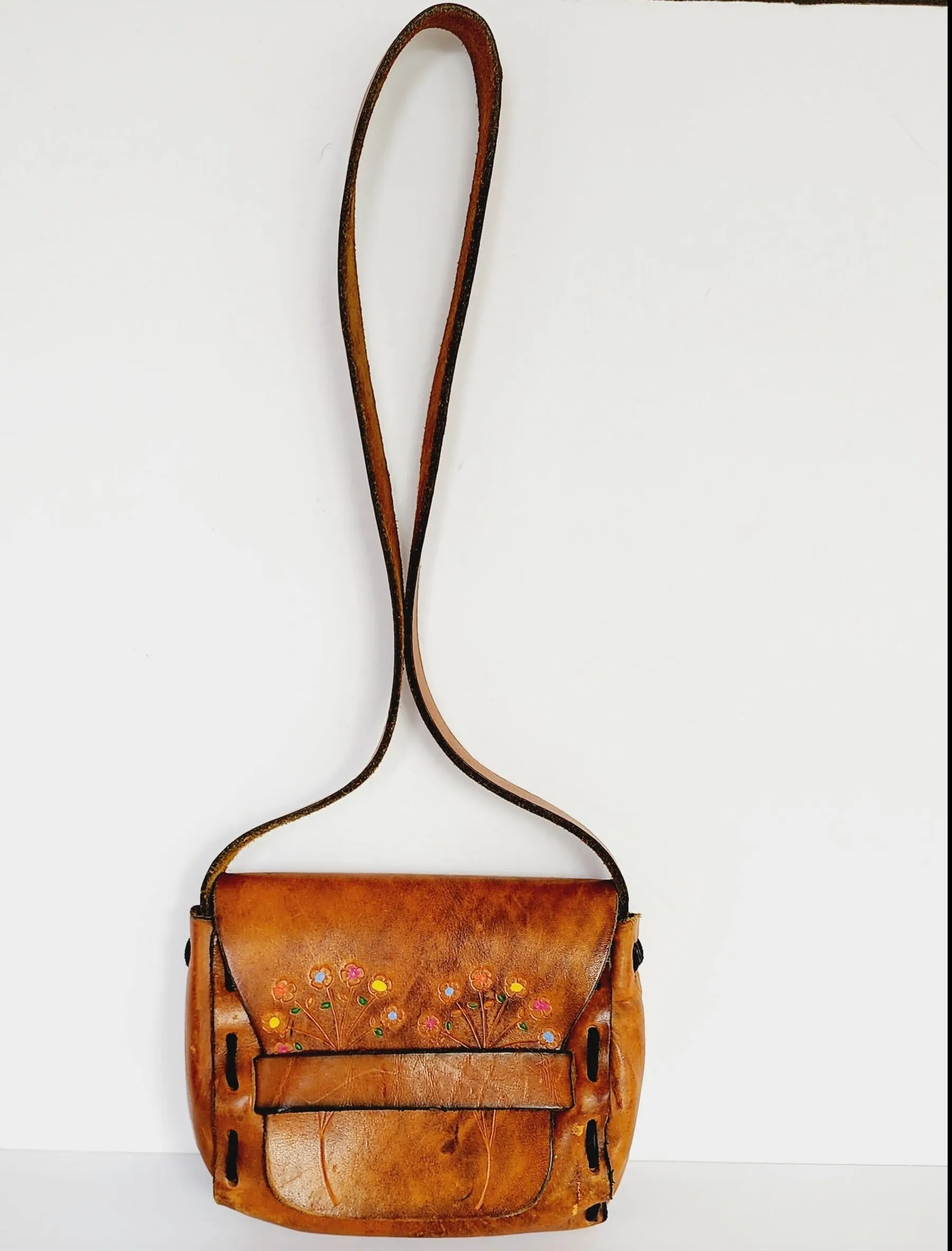 1970s Brown Hippie Shoulder Bag in Distressed Tooled Leather w/Colorful Flowers