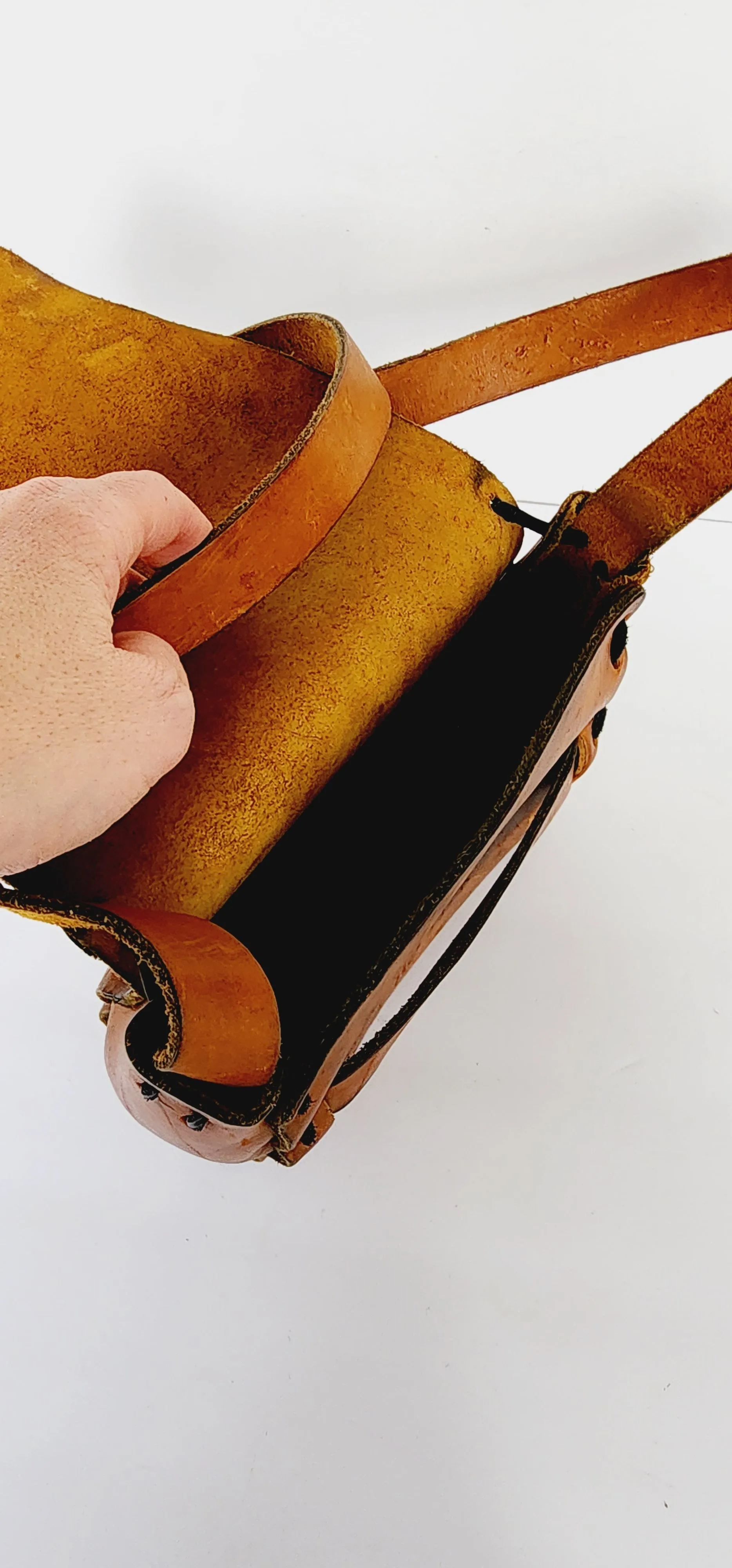 1970s Brown Hippie Shoulder Bag in Distressed Tooled Leather w/Colorful Flowers