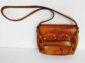 1970s Brown Hippie Shoulder Bag in Distressed Tooled Leather w/Colorful Flowers
