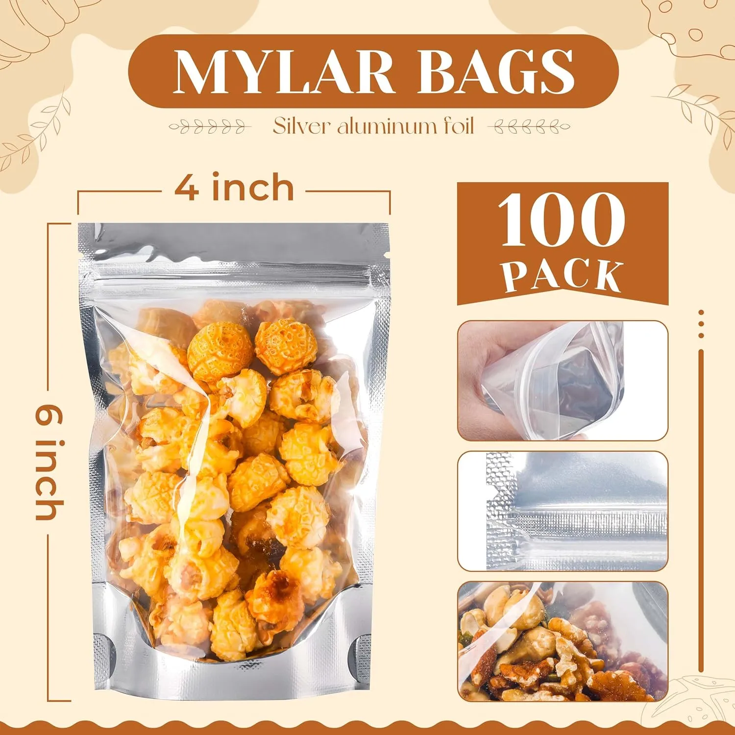 200 Pack Mylar Bags for Food Storage Resealable for Small Business Stand Up Packaging (Silver, 4x6Inches)