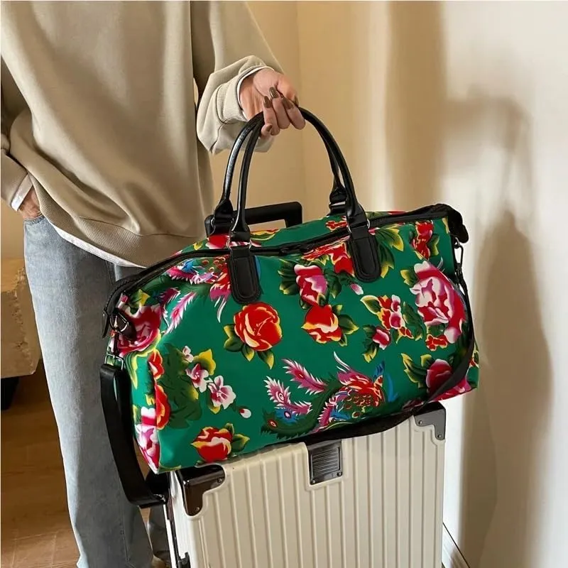 2025 Northeast Big Flower Fashion Canvas Travel Bag Men Women Outdoor Casual Fitness Portable Hand Crossbody Bag(Green)