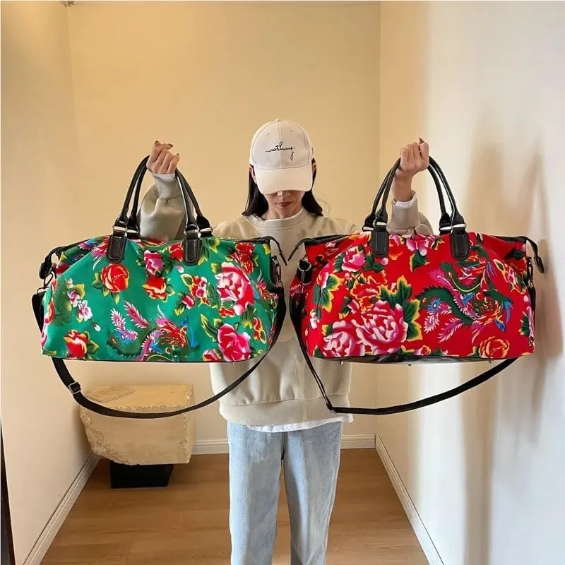 2025 Northeast Big Flower Fashion Canvas Travel Bag Men Women Outdoor Casual Fitness Portable Hand Crossbody Bag(Green)