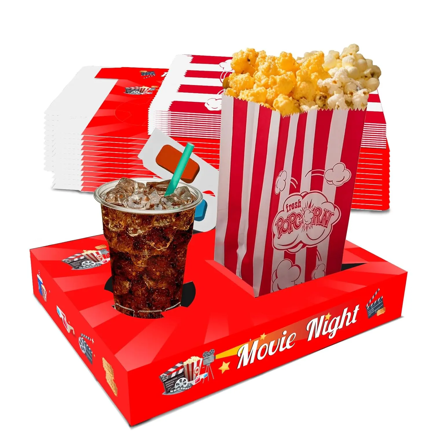 24pcs Movie Night Snack Trays with Popcorn Bags and Food Trays, Movie Night Supplies for Movie Theater Family Birthday Party, Outdoor Movie Night Boxes Accessories Kit