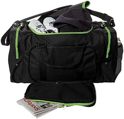 24" Blank Sports Duffle Bag Gym Bag Travel Duffel With Adjustable Strap *Vintage Black with Stylish Neon Outlines* (BLACK/NEON ORANGE)