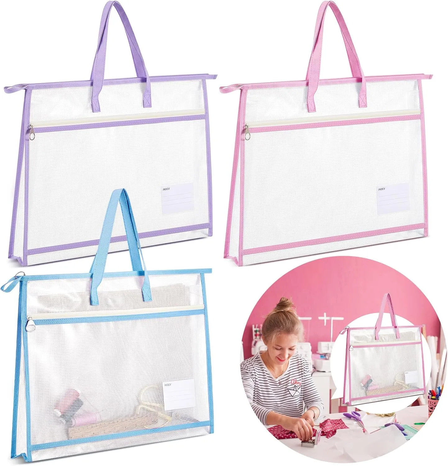 3 Pcs 17.7×13 Inch Project Bag for Quilting Sewing Craft Storage for Quilter A3 Clear Mesh Design Art Supply Bag Artwork Storage Organize for Artwork Charts and Teaching Material Multipurpose