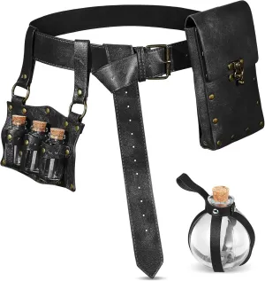 4 Pcs Halloween Renaissance Accessories Belt Pouch Waist Bag Potion Bottles Belt with 4 Cork Potion Vial (Black)