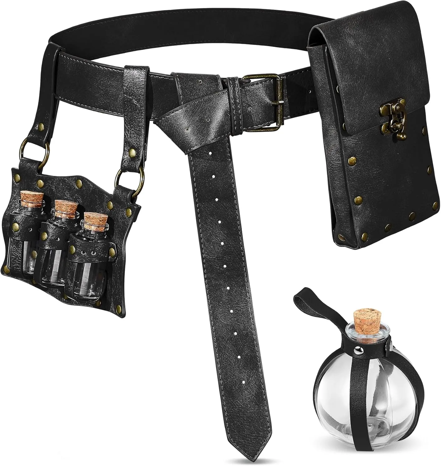4 Pcs Halloween Renaissance Accessories Belt Pouch Waist Bag Potion Bottles Belt with 4 Cork Potion Vial (Black)