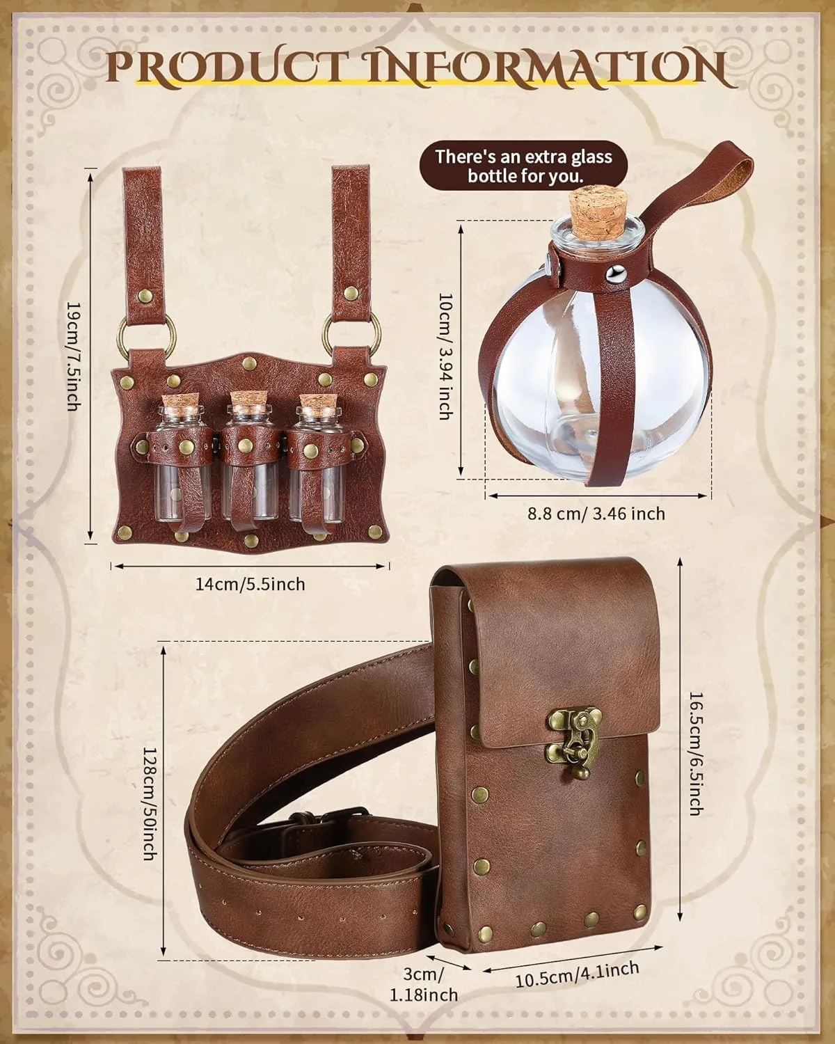 4 Pcs Renaissance Accessories Belt Pouch Waist Bag Alchemy Potion Bottle Fantasy Wizard Potion Bottles Belt with 4 Cork Potion Vials for Halloween
