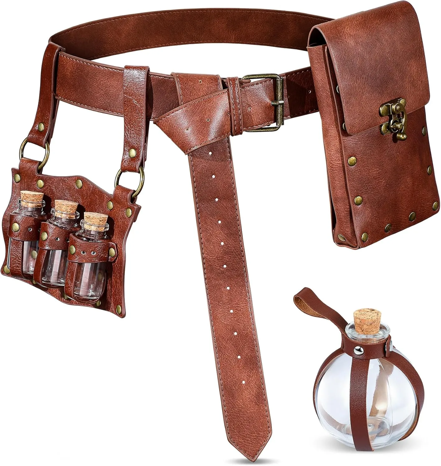 4 Pcs Renaissance Accessories Belt Pouch Waist Bag Alchemy Potion Bottle Fantasy Wizard Potion Bottles Belt with 4 Cork Potion Vials for Halloween