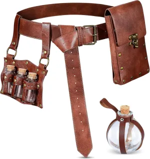 4 Pcs Renaissance Accessories Belt Pouch Waist Bag Alchemy Potion Bottle Fantasy Wizard Potion Bottles Belt with 4 Cork Potion Vials for Halloween