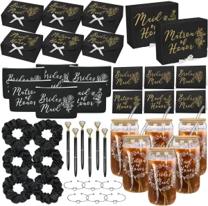42Pack Bridesmaid Proposal Gifts,Maid of Honor Gifts Matron of Honor Gifts Including Bridesmaid Boxes,16oz Cups Makeup Bag Bracelets Diamond Pen Invitation Cards Scrunchies for Wedding (Black)