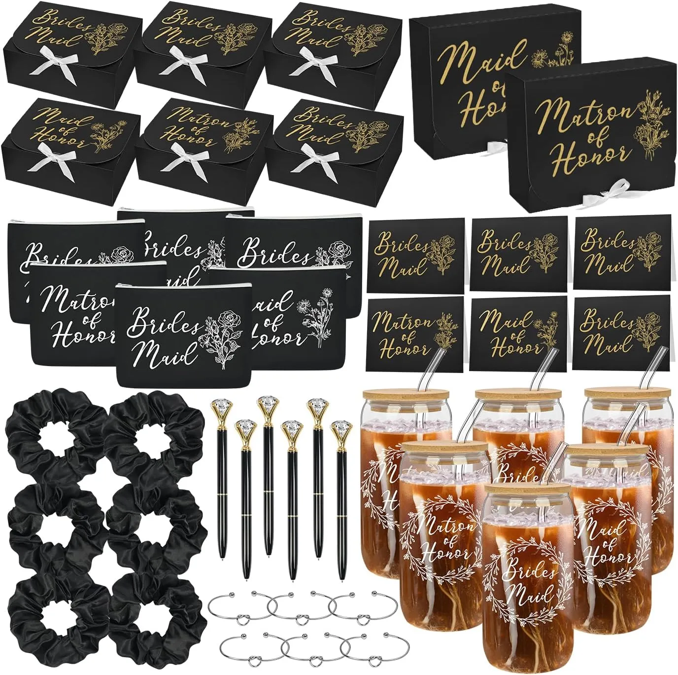42Pack Bridesmaid Proposal Gifts,Maid of Honor Gifts Matron of Honor Gifts Including Bridesmaid Boxes,16oz Cups Makeup Bag Bracelets Diamond Pen Invitation Cards Scrunchies for Wedding (Black)