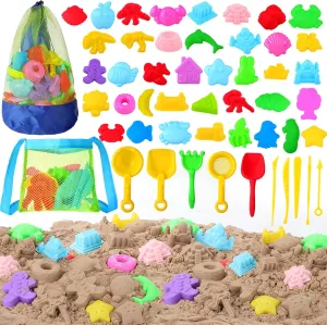 48 Pcs Sand Molds Beach Toys for Kids Sand Shovels Castles Building Transport Dinosaur Animal Dessert and Other Molds with Mesh Bag Indoor Outdoor Sensory Play Toys for Kids Toddlers 3-10