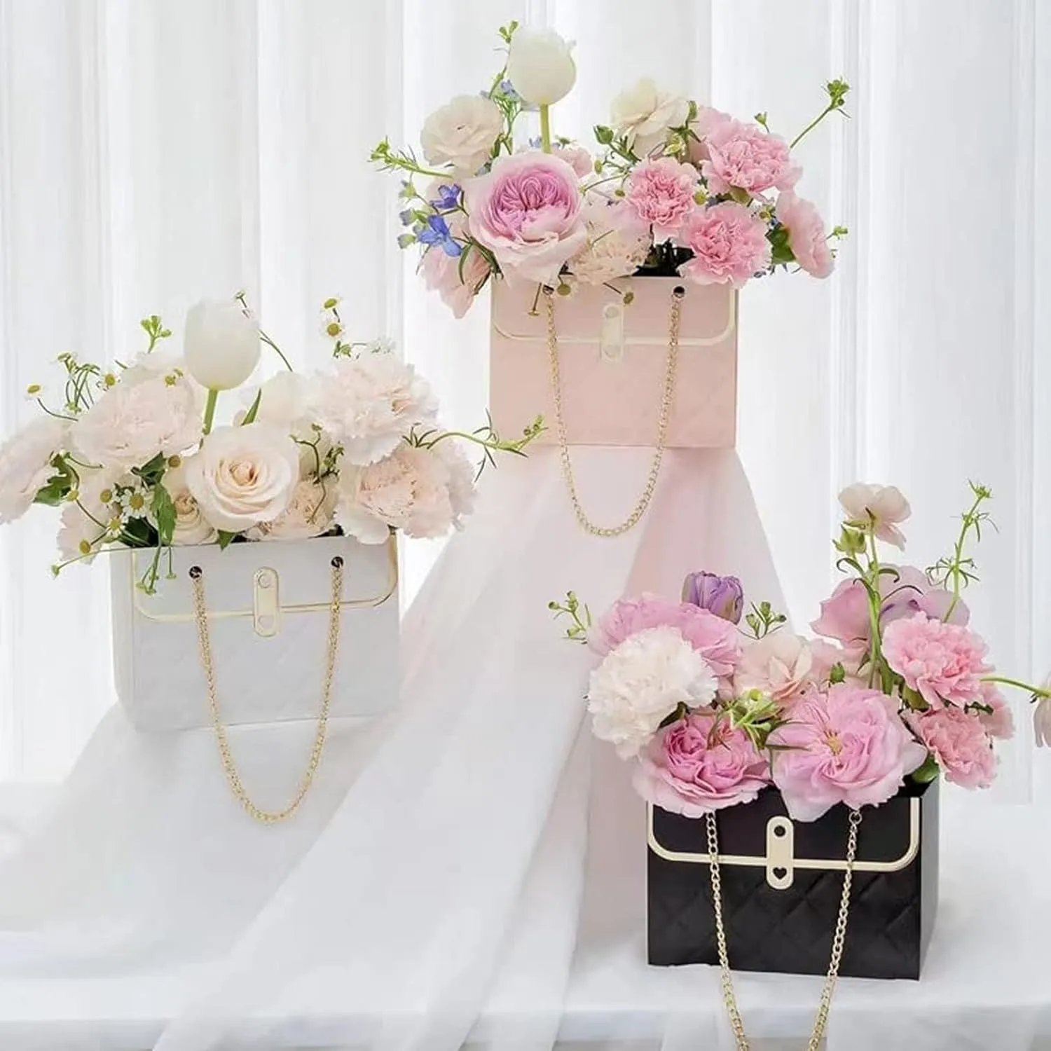 4pcs Paper Flower Bags for Bouquets, Flower Boxes for Arrangements, Paper Flower Gift Bags with Handles Florist Supplies for Weddings Mother's Day (Pink)
