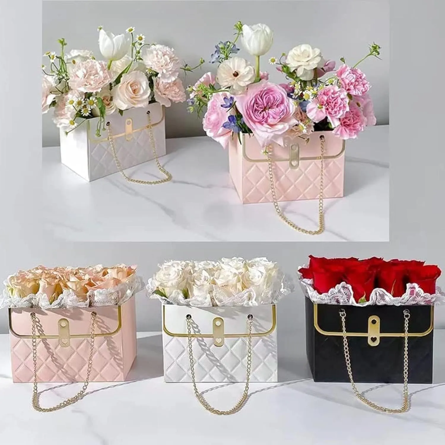 4pcs Paper Flower Bags for Bouquets, Flower Boxes for Arrangements, Paper Flower Gift Bags with Handles Florist Supplies for Weddings Mother's Day (Pink)