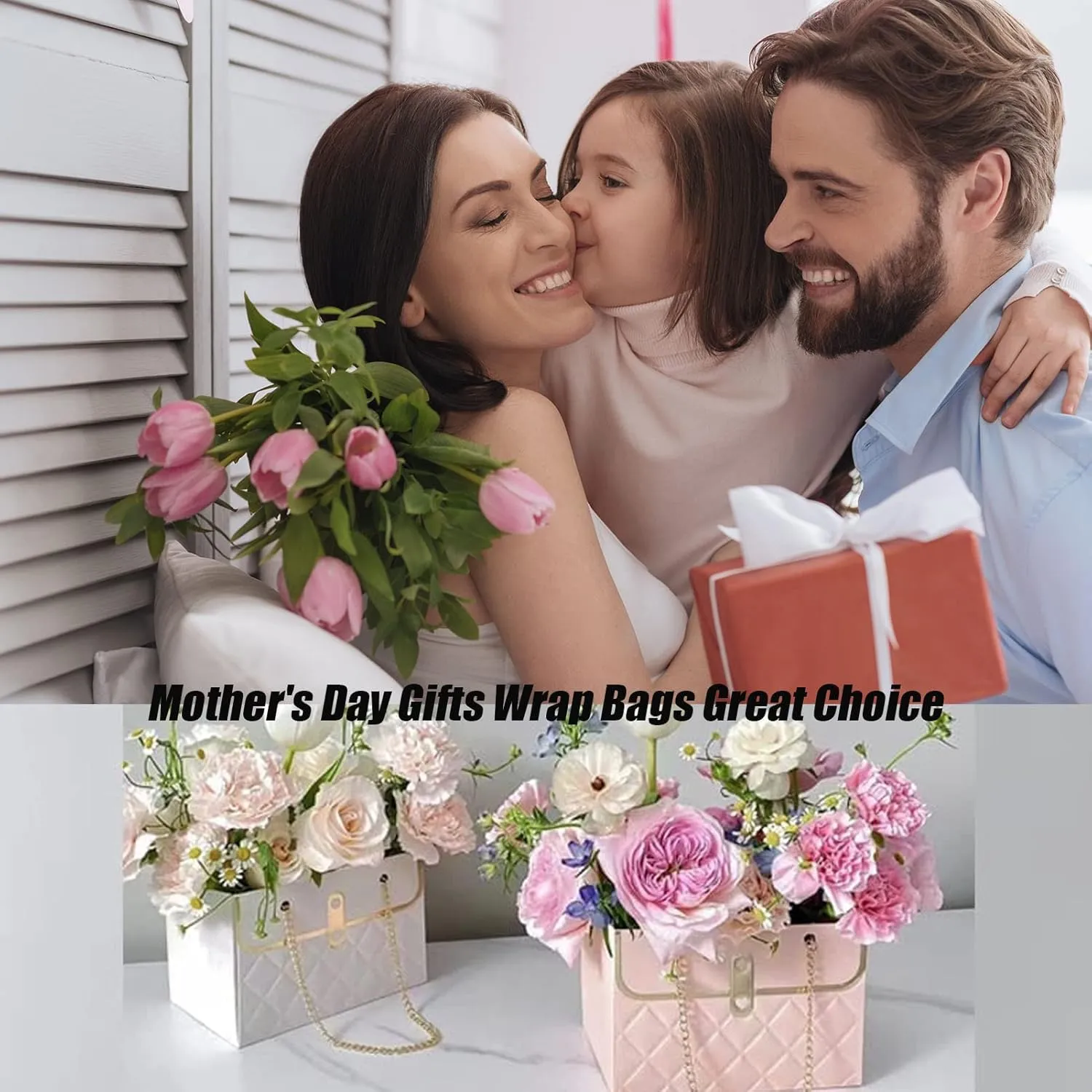 4pcs Paper Flower Bags for Bouquets, Flower Boxes for Arrangements, Paper Flower Gift Bags with Handles Florist Supplies for Weddings Mother's Day (Pink)